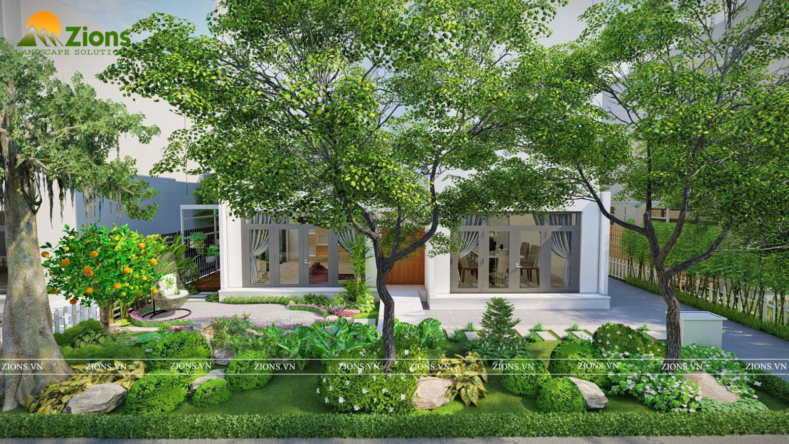 thiết kế sân vườn biệt thự vườn tùng ecopark - zions